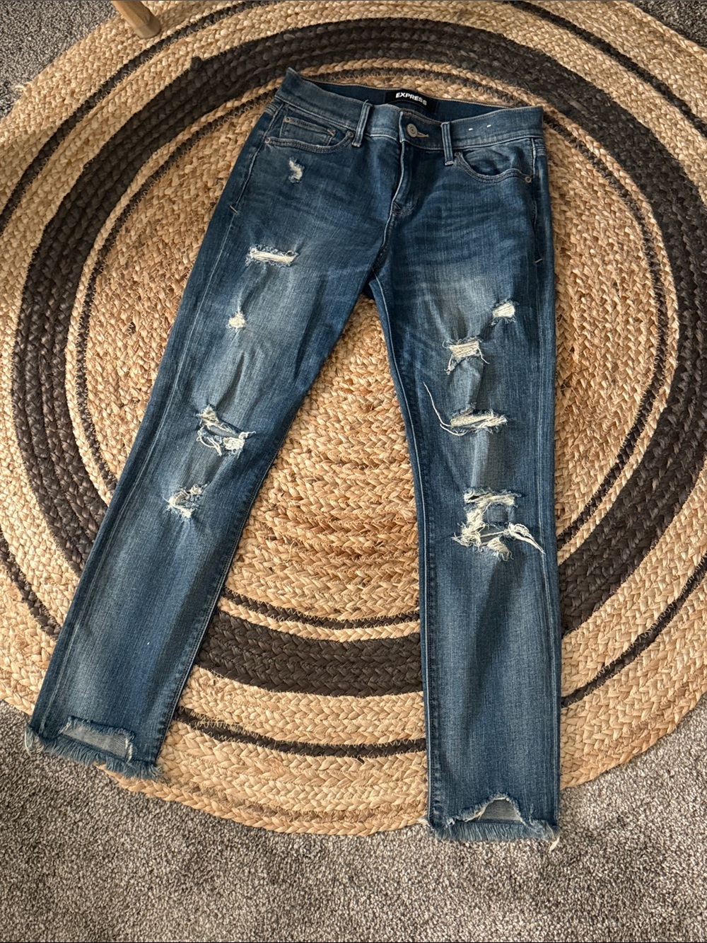 Express Distressed Dark Blue Skinny Ankle Mid Rise Jeans
